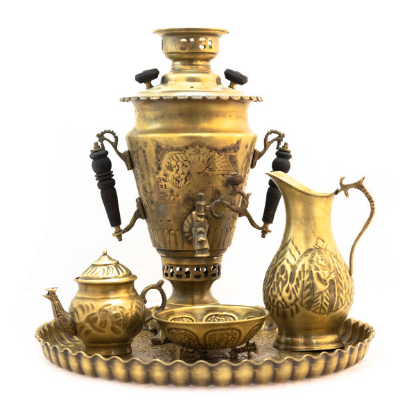 Persischer Samowar aus Messing Dekorativer Kohle-Teekocher mit Blumenmotiven 4-Liter