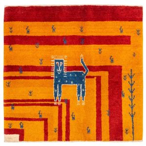 Persischer Gabbeh-Wollteppich handgewebt mit Tiermotiven Katze