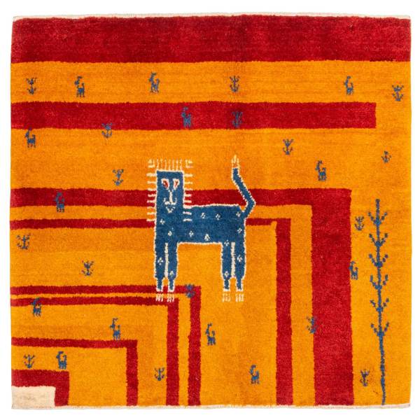Persischer Gabbeh-Wollteppich handgewebt mit Tiermotiven Katze