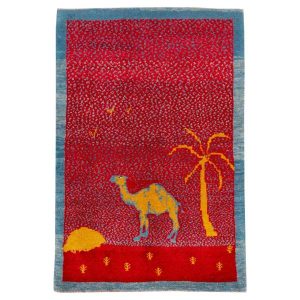 Persischer Gabbeh-Wollteppich handgewebt mit Tiermotiven Kamel I