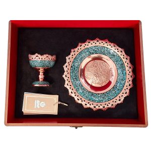 Schatzhaftes persisches handwerkliches Geschenkset mit Türkis-Einlegearbeit Teller und Schalen