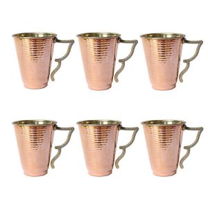 Persische Kupferbecher – Set von 6 handgefertigten mit Henkel für kalte Getränke – Gehämmert Bahari