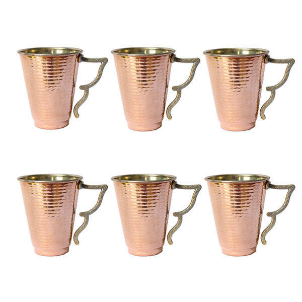 Persische Kupferbecher - Set von 6 handgefertigten mit Henkel für kalte Getränke - Gehämmert Bahari
