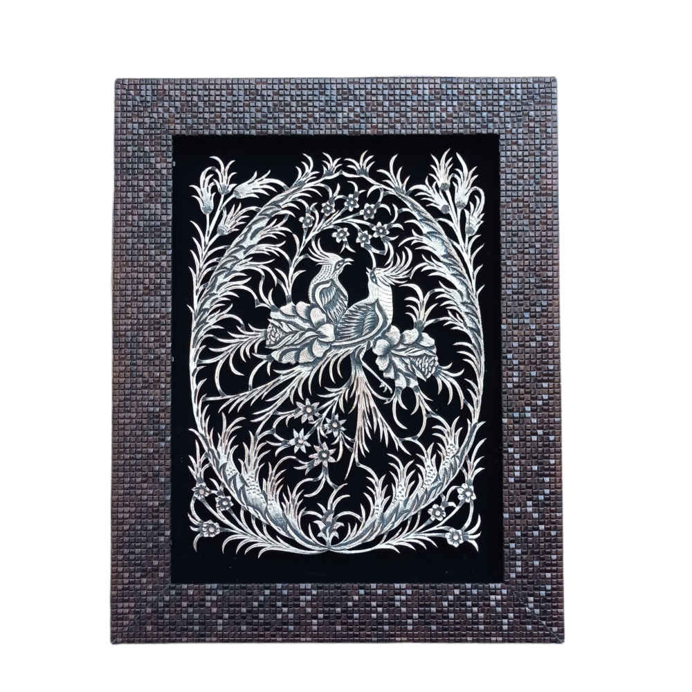 Handgefertigte, gerahmte persische, gravierte Kupferkunst Blume & Vogel – Traditionelle Wanddekoration