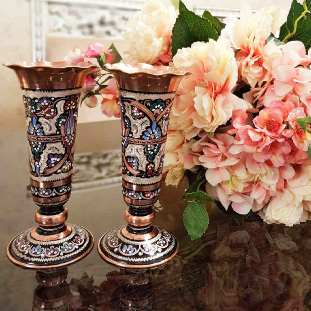 Dekorative Kupfervase, handbemalt mit persischer Minakari-Emaille Sheypoori