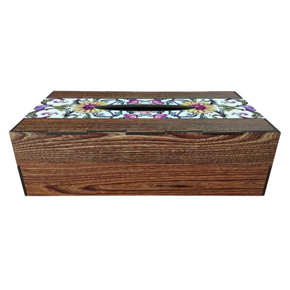Rustikale Holz-Taschentuchbox – Blumen-Design