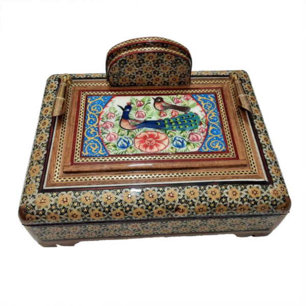 Handgefertigter persischer Holz-Stifthalter für den Schreibtisch - Eleganz Khatamkari Kunst, Vögel