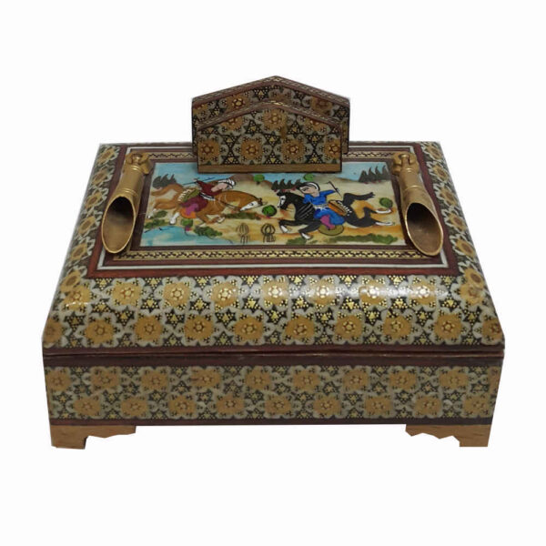 Handgefertigter persischer Holz-Stifthalter für den Schreibtisch - Eleganz Khatamkari Kunst, Naghashi