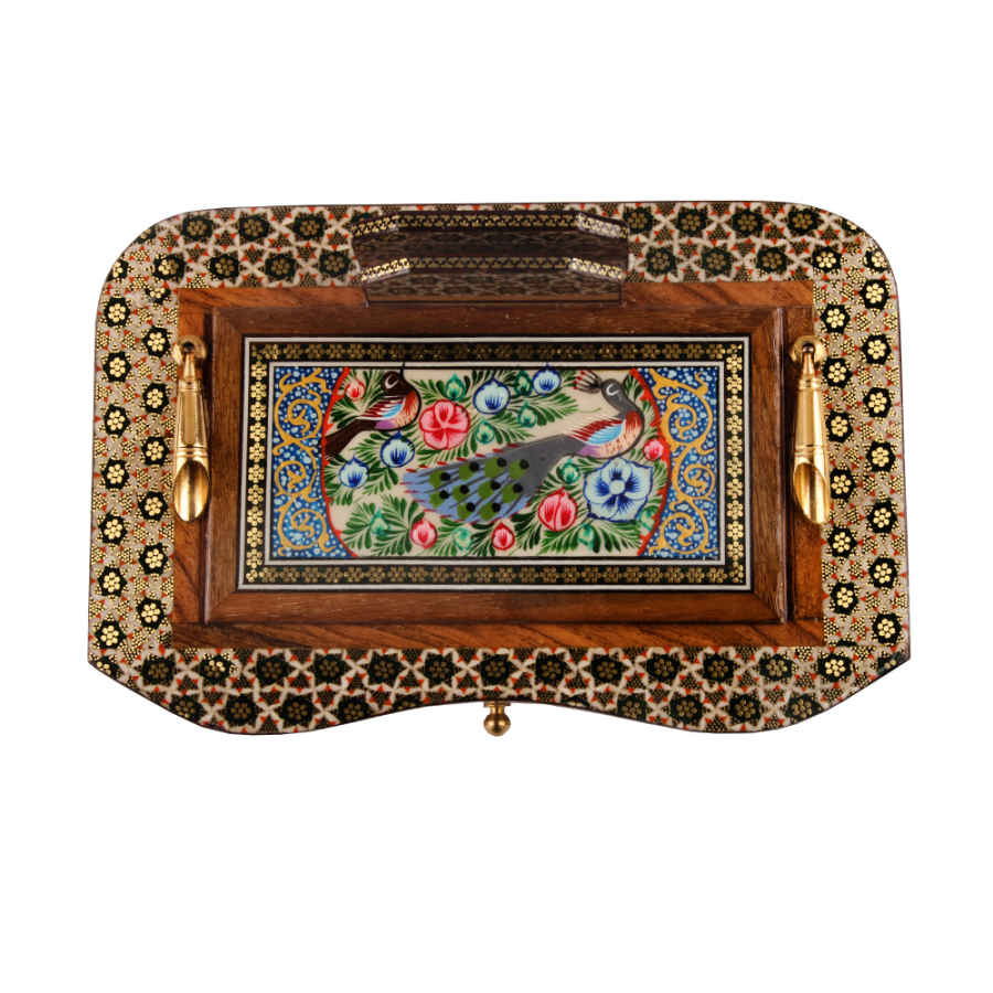 Handgefertigter persischer Holz-Stifthalter für den Schreibtisch – Eleganz Khatamkari Kunst, Pfau