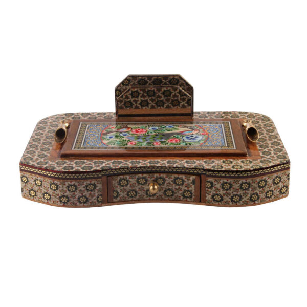 Handgefertigter persischer Holz-Stifthalter für den Schreibtisch - Eleganz Khatamkari Kunst, Pfau