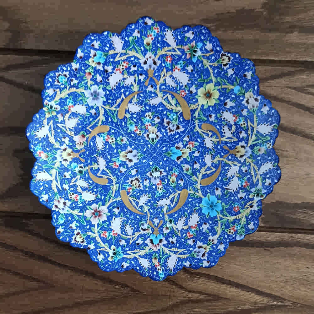 Dekorativer Kupferteller handgemalt mit persischer Minakari Emaille Alvand Blumen