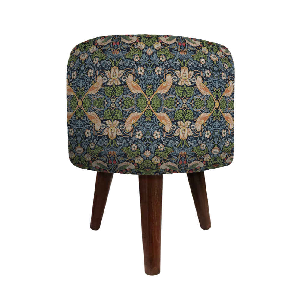 Runder Samt-Hocker mit Holzbeinen, inspiriert von persischer Kunst, Blau Ariana