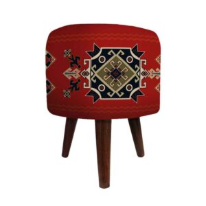 Runder Samt-Hocker mit Holzbeinen, inspiriert von persischer Kunst, Rot Arsham