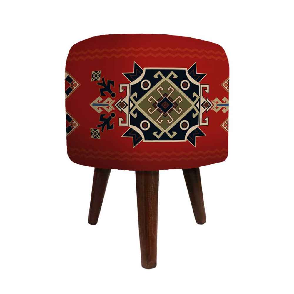 Runder Samt-Hocker mit Holzbeinen, inspiriert von persischer Kunst, Rot Arsham