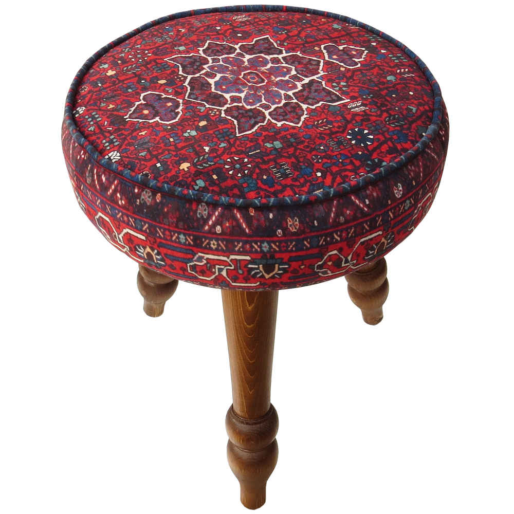 Traditioneller roter persischer Hocker mit Holzbeinen und Samtstoff, Aylin