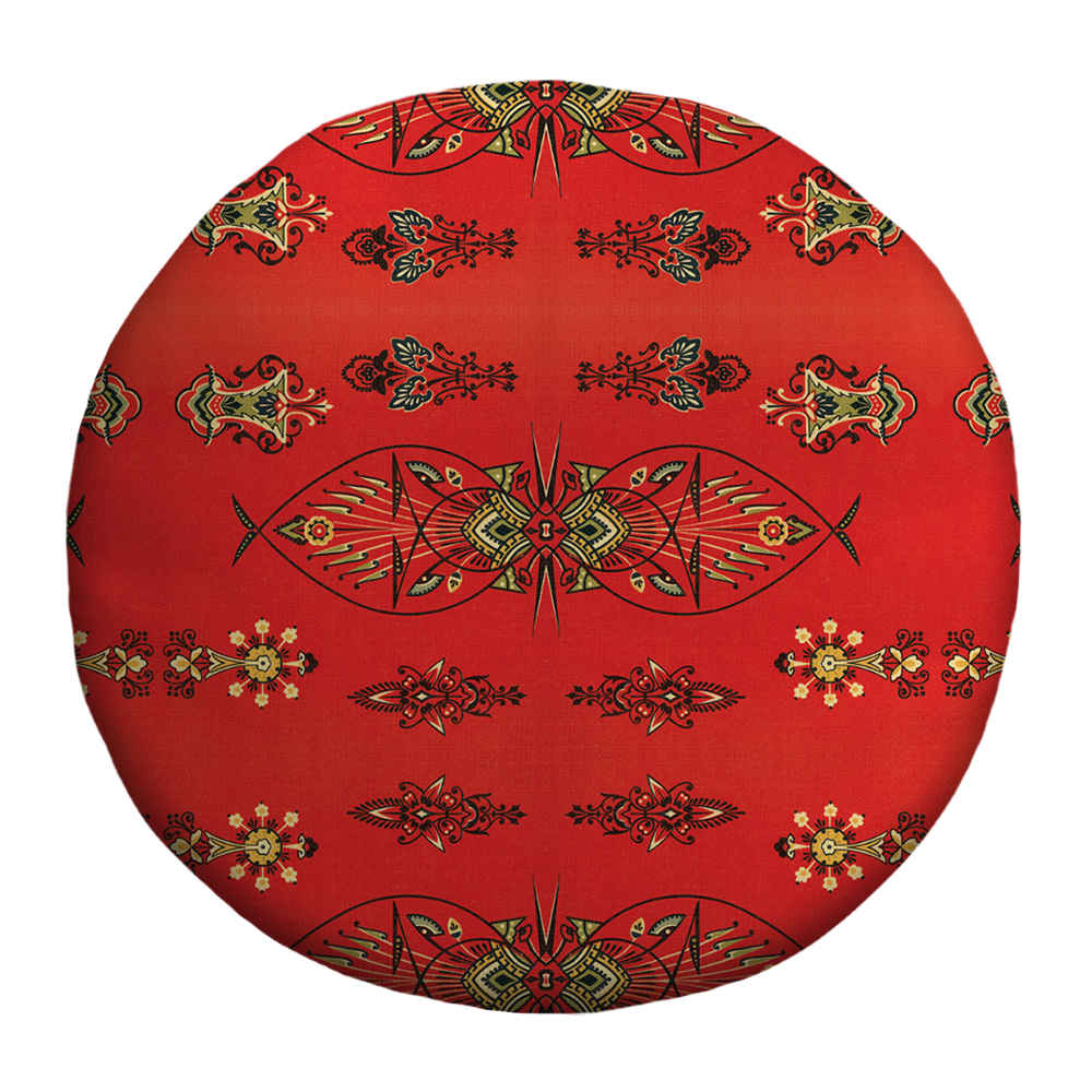 Runder Samt-Hocker mit Holzbeinen, inspiriert von persischer Kunst, Rot Azar