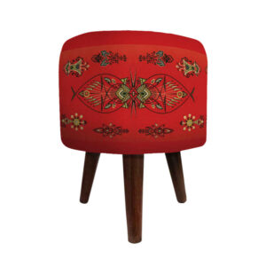 Runder Samt-Hocker mit Holzbeinen, inspiriert von persischer Kunst, Rot Azar