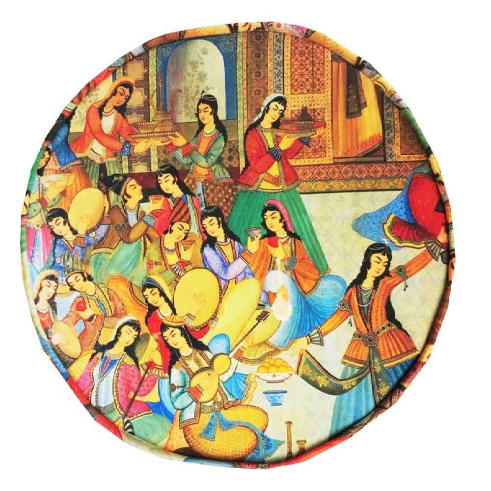 Traditioneller persischer Hocker mit Holzbeinen und Samtstoff, Piktoral