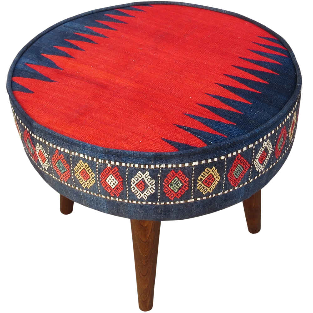 Traditioneller roter persischer Hocker mit Holzbeinen und Samtstoff, Marineblau Farsh