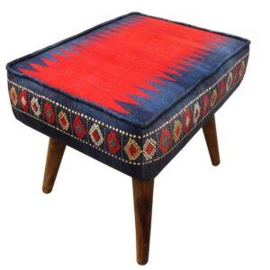Traditioneller persischer Hocker mit Holzbeinen und Samtstoff, Marineblau