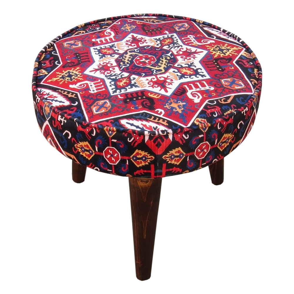 Traditioneller persischer Hocker mit Holzbeinen und Samtstoff, Raaz