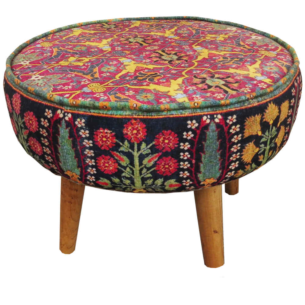 Traditioneller roter persischer Hocker mit Holzbeinen und Samtstoff, Raya