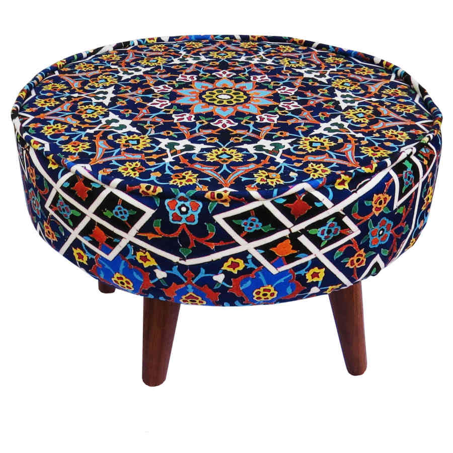 Traditioneller persischer Hocker mit Holzbeinen und Samtstoff, Tile