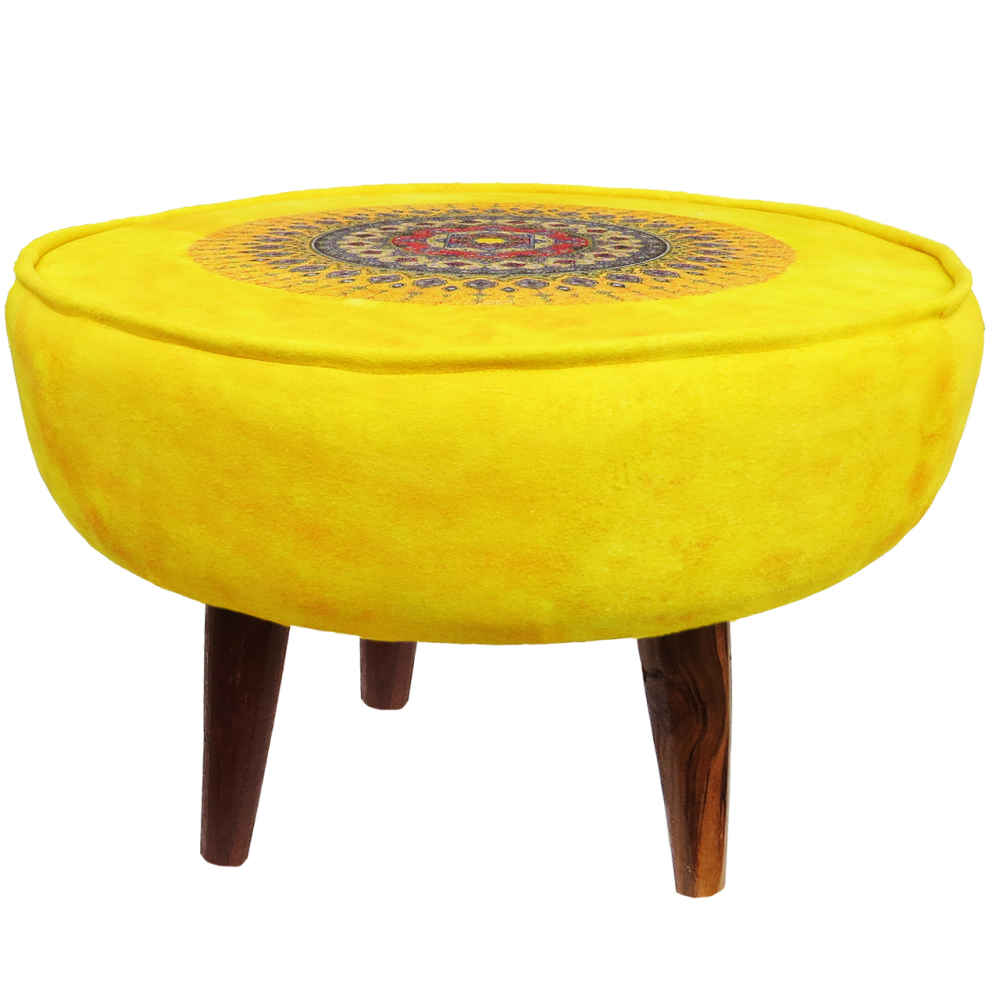 Runder Samt-Hocker, inspiriert von persischer Kunst, Gelb Toranj