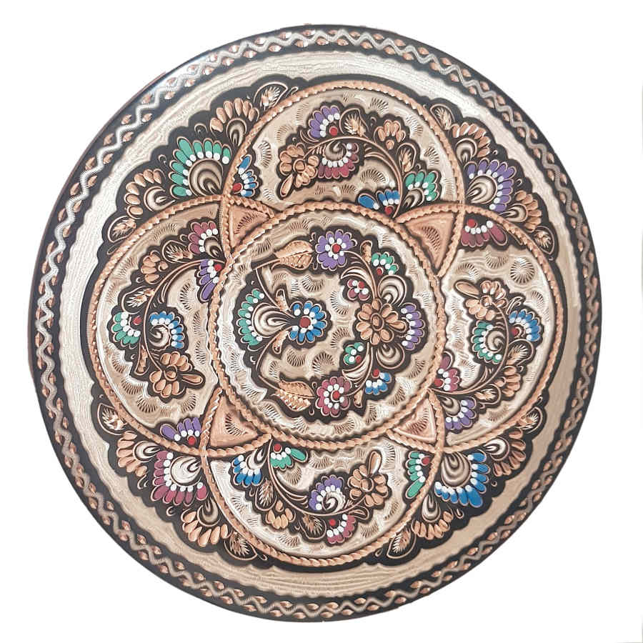 Dekorativer Kupferteller handgemalt mit persischer Minakari Emaille Rahil