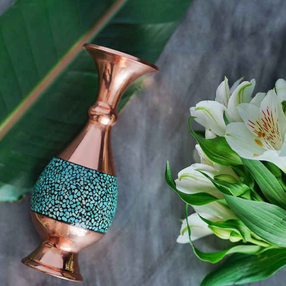 Handgefertigte dekorative persische eingelegte Türkis-Kupfervase Elham