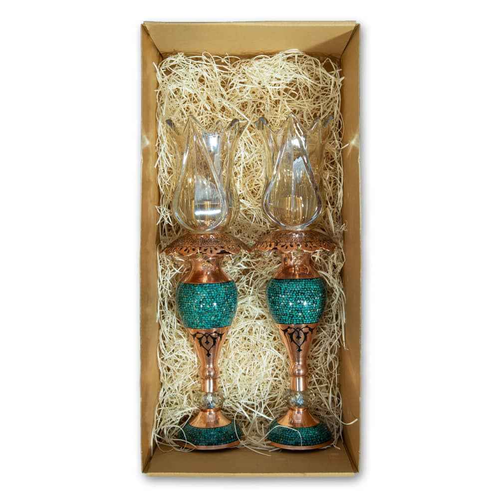 Handgefertigter persischer Kupfer-Kerzenständer – Eingelegtes Türkis-Design – Helma (2x)