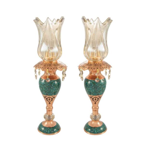 Handgefertigter persischer Kupfer-Kerzenständer – Eingelegtes Türkis-Design – Helma (2x)