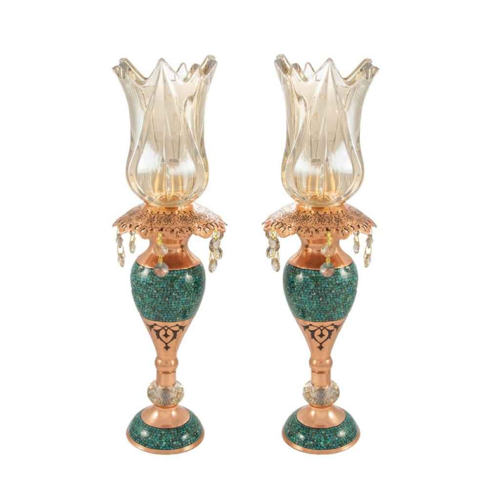 Handgefertigter persischer Kupfer-Kerzenständer – Eingelegtes Türkis-Design – Helma (2x)