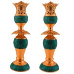 Handgefertigter persischer Kupfer-Kerzenständer – Eingelegtes Türkis-Design – Razeghi (2x)