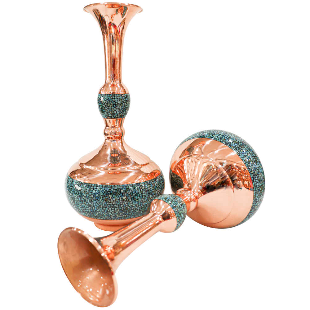 Set aus 2 dekorativen persischen eingelegten Türkis-Kupfervasen Shokoh
