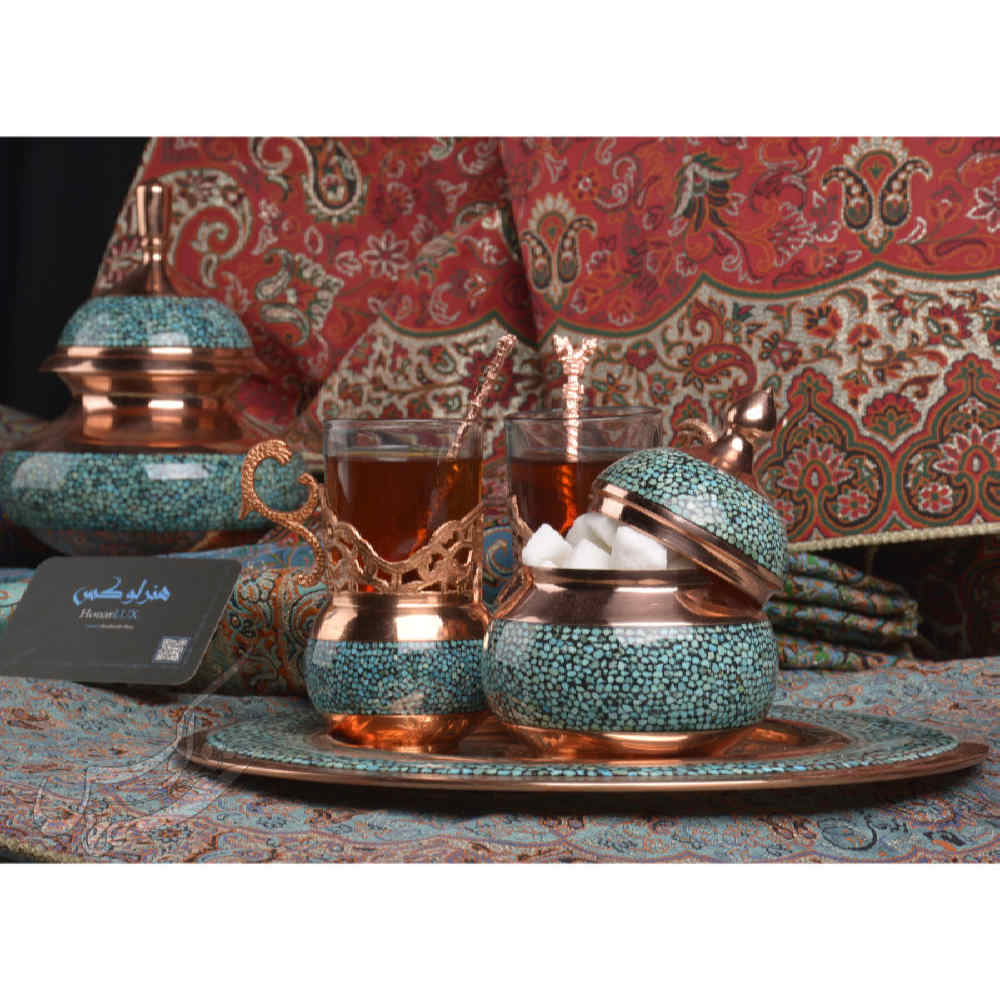 Handgefertigtes persisches Kupfer-Tee- und Kaffeeset – Türkis eingelegt Farima
