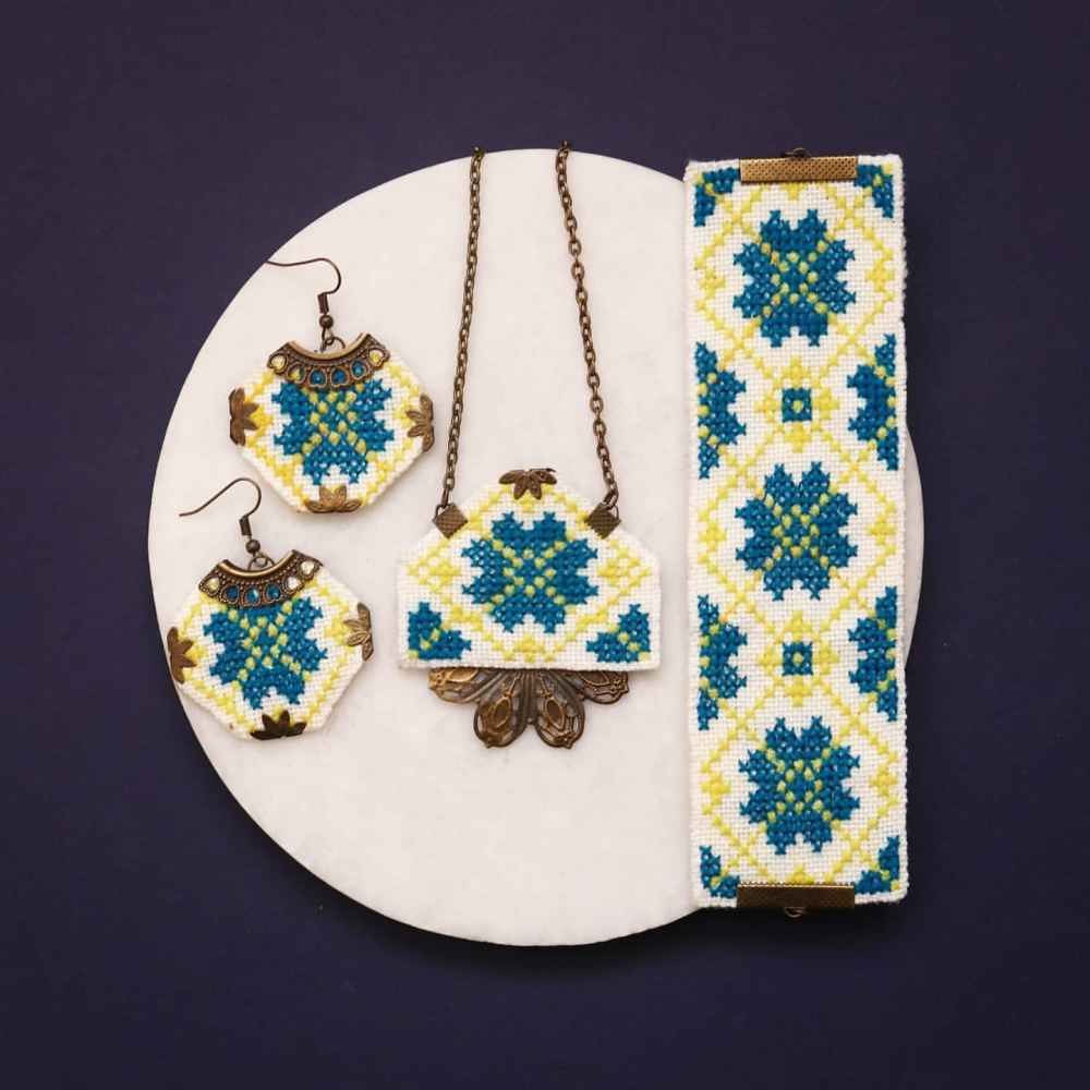 Persisches gesticktes Halsketten-, Armband- & Ohrring-Set Modell Zitrone