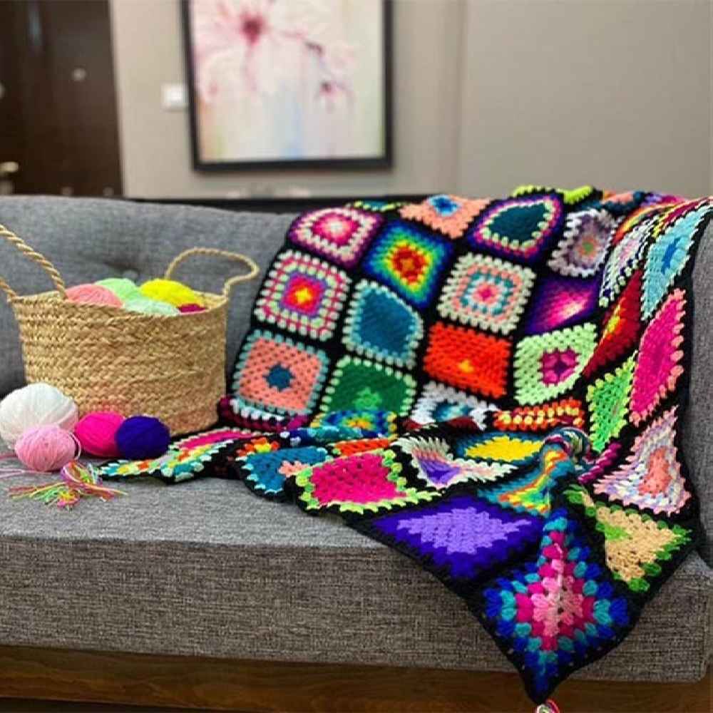Häkelwurfdecke für Sofa und Bett, kariert, Bohemian Homa