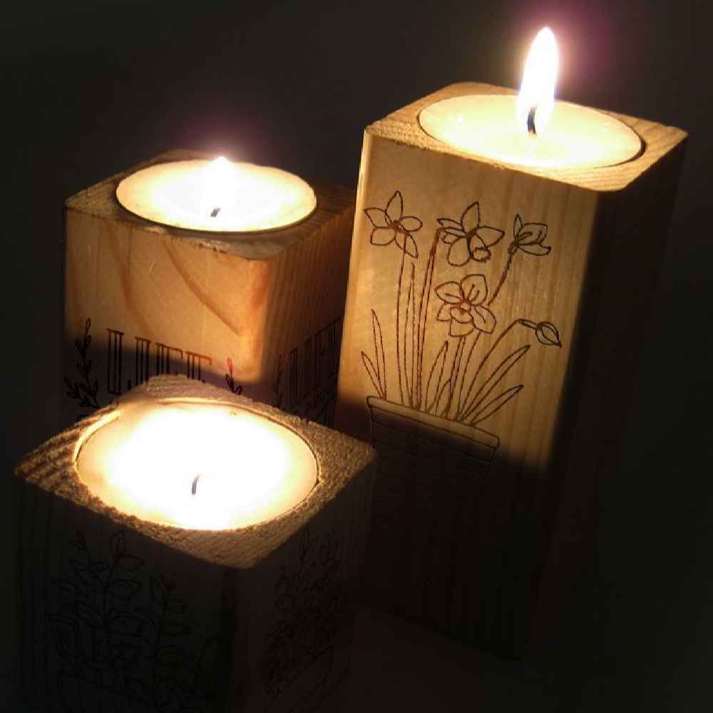 Massiver Holz-Würfel-Teelichthalter Set aus 3 / Leben