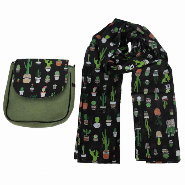 Bohemian Crossbody-Umhängetasche & Schal-Set mit Kaktusdesign
