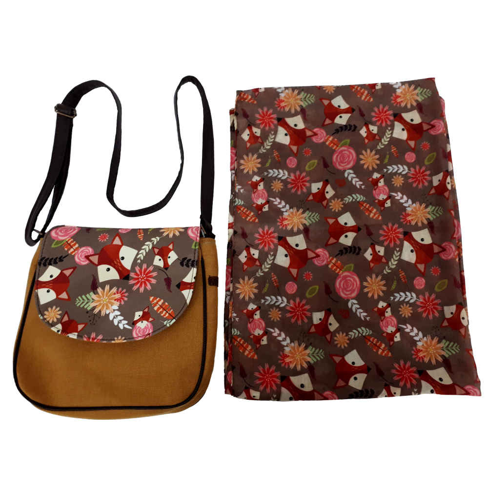 Bohemian Crossbody-Umhängetasche & Schal-Set mit Fuchsmotiv