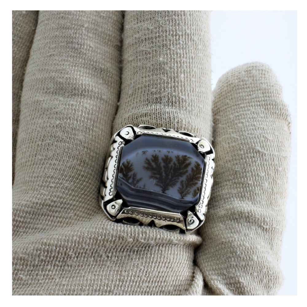 Persischer Dendritischer Achat Shajar Silberring für Männer Jalal