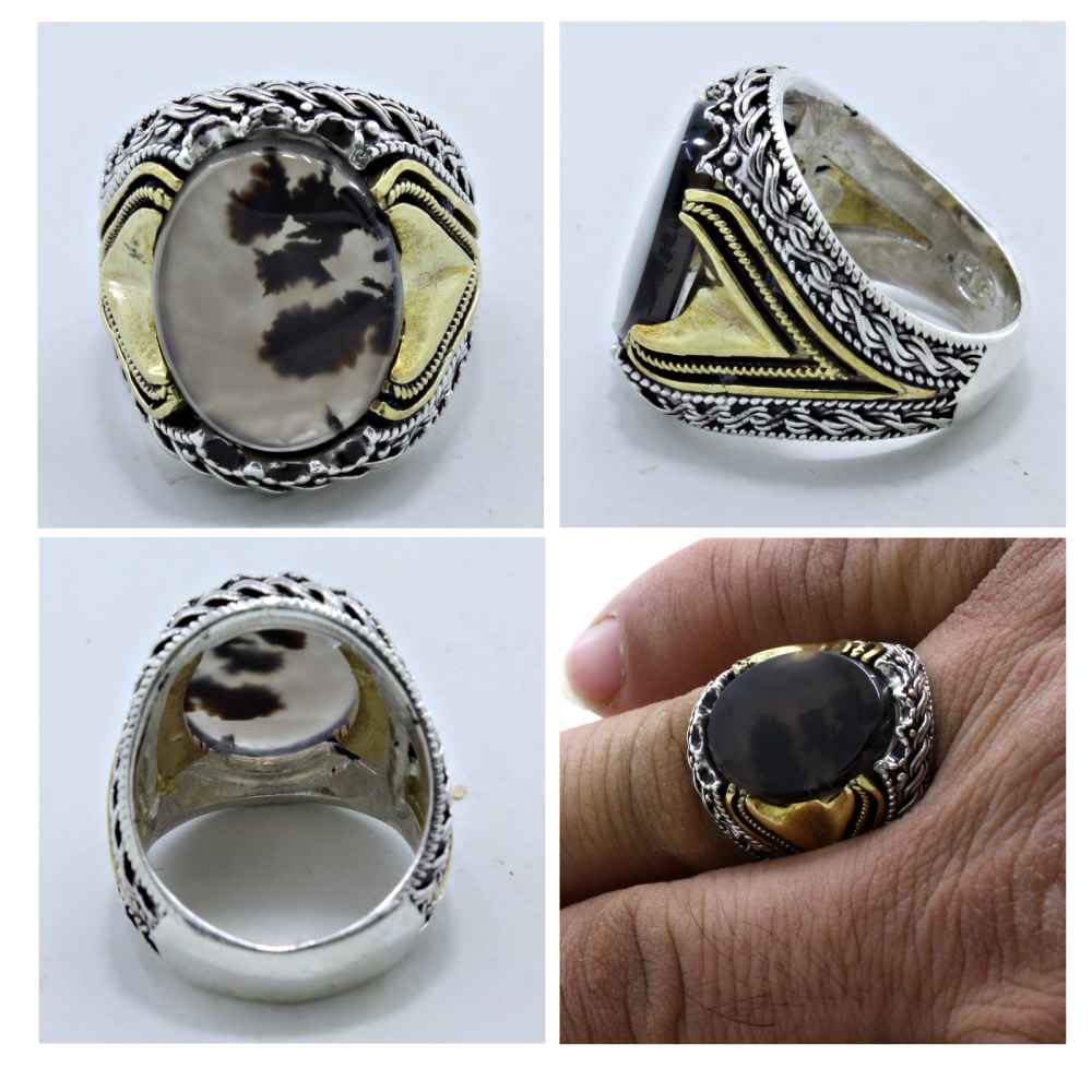 Persischer Dendritischer Achat Shajar Silberring für Männer Salar
