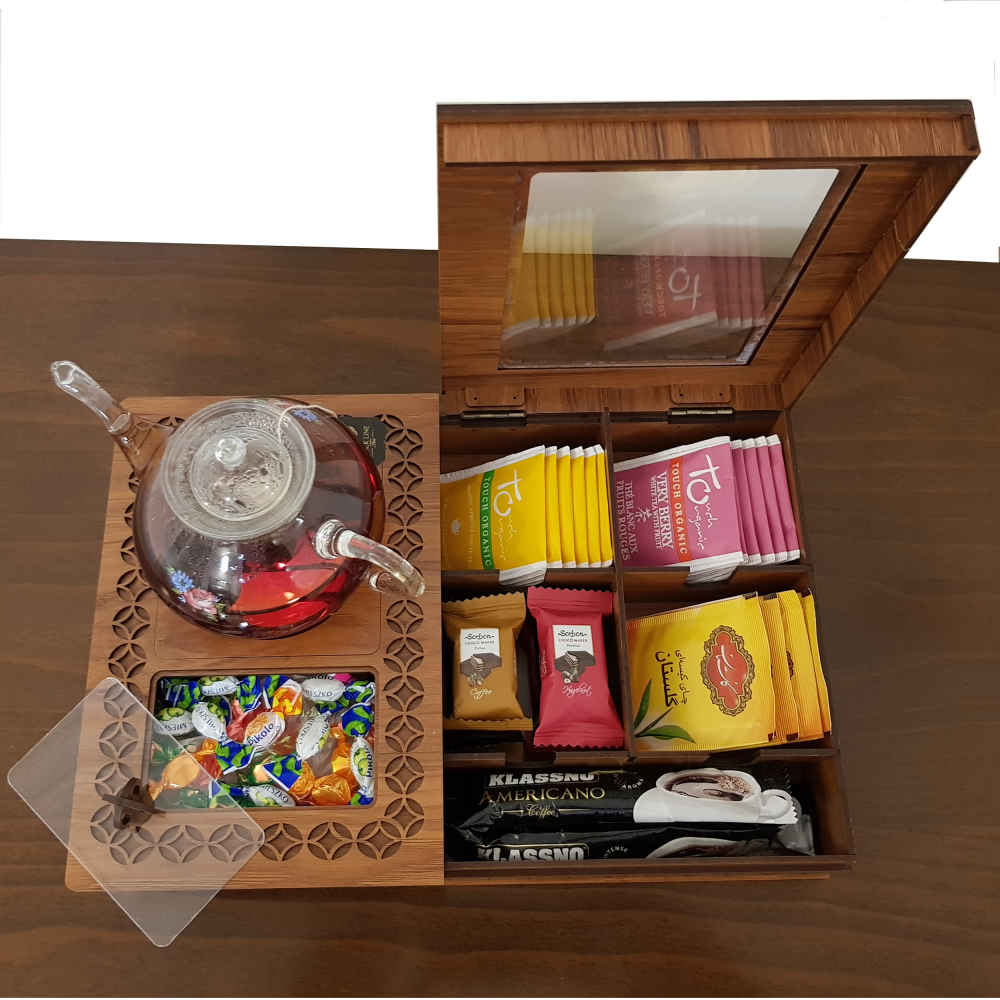 Holz-Teebeutelkästchen mit Teewärmer Arnika