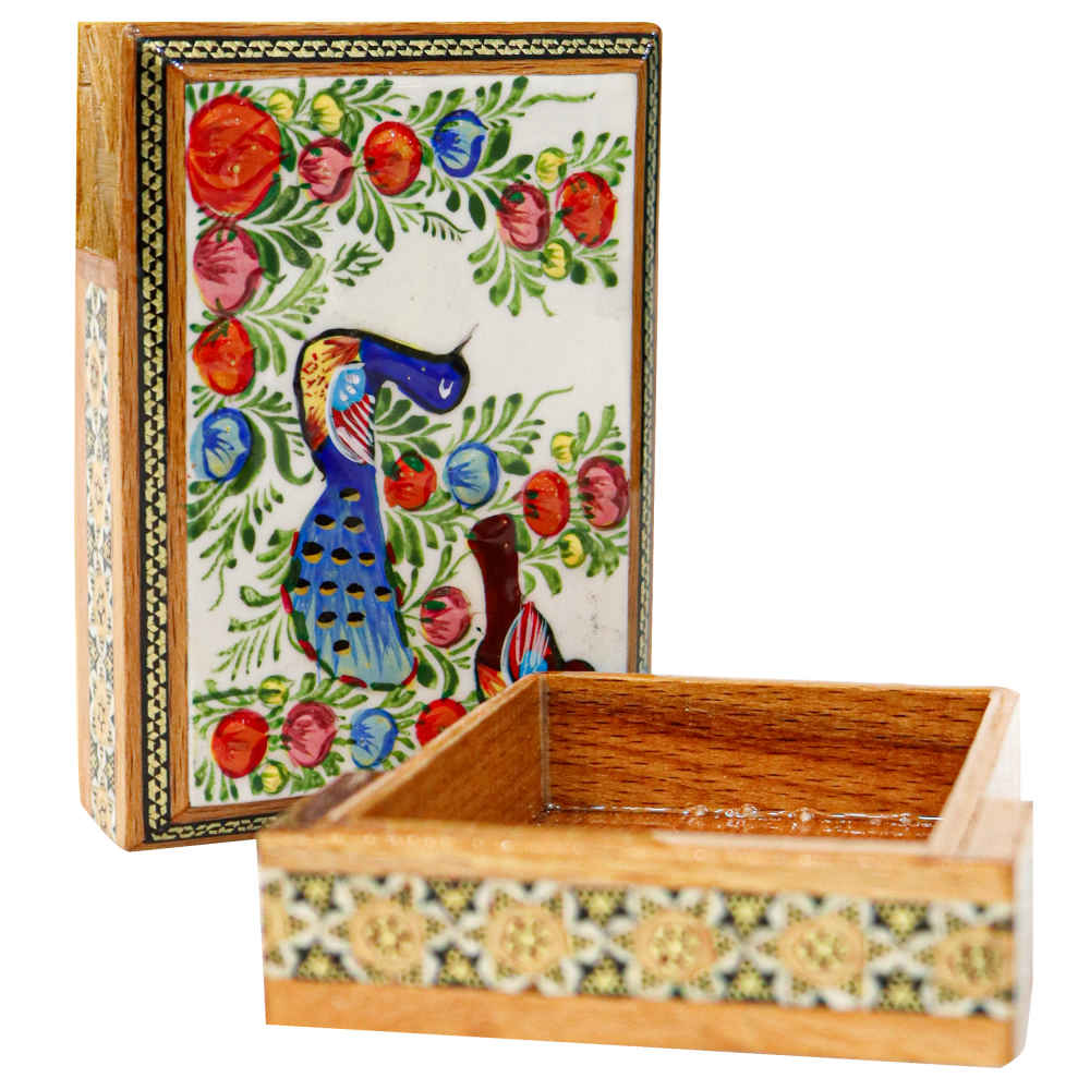 Persische Holz-Spielkarten-Aufbewahrungsbox – Khatam Emaille Vögel