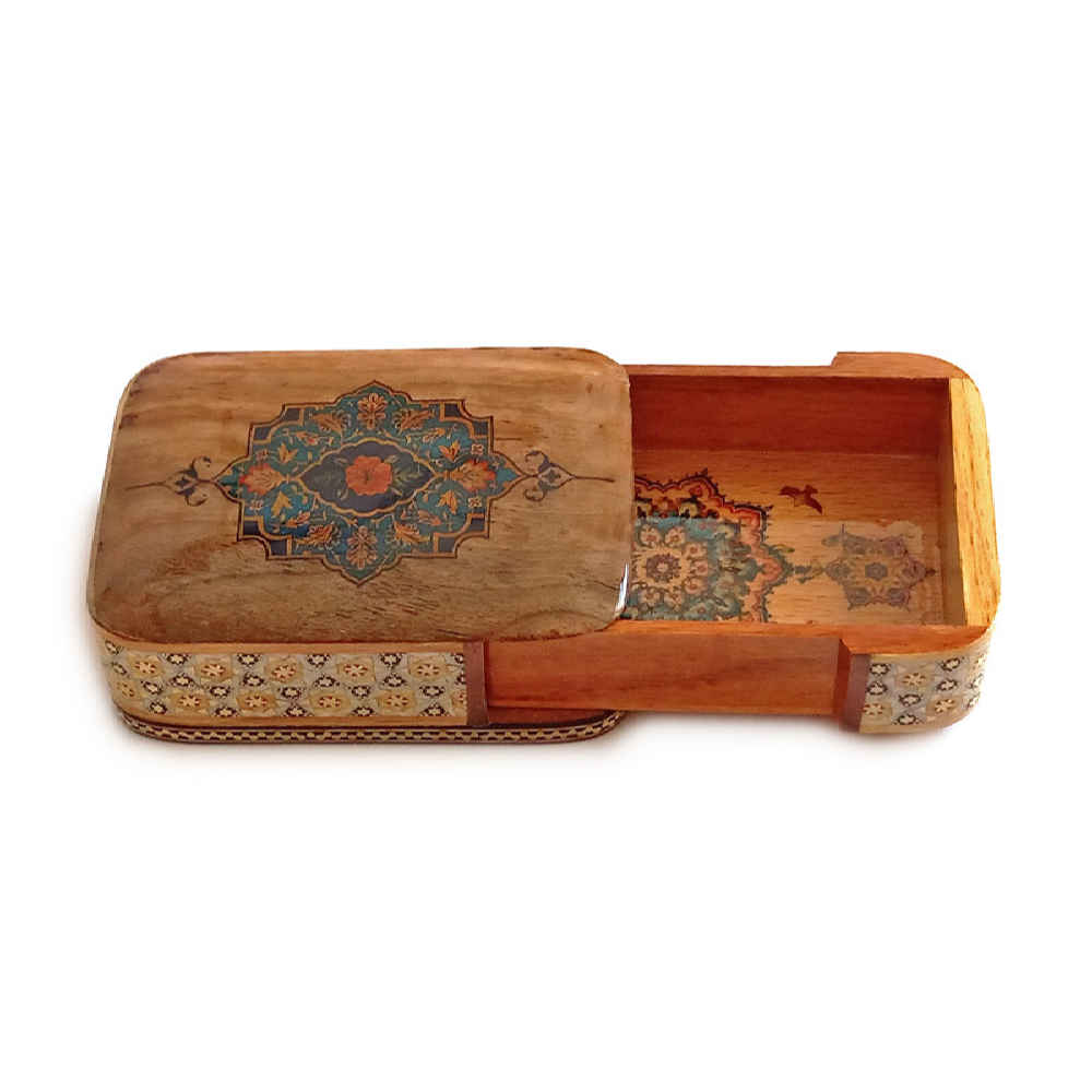 Persische Holz-Spielkarten-Aufbewahrungsbox – Khatam Emaille Tazhib