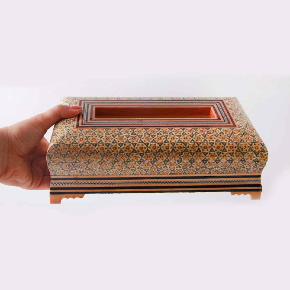 Handgefertigte persische Holz-Taschentuchbox – Khatamkari Mazroei