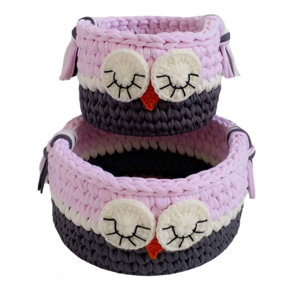 Set aus 2 Häkel-Aufbewahrungskörben Garn Modell Eule