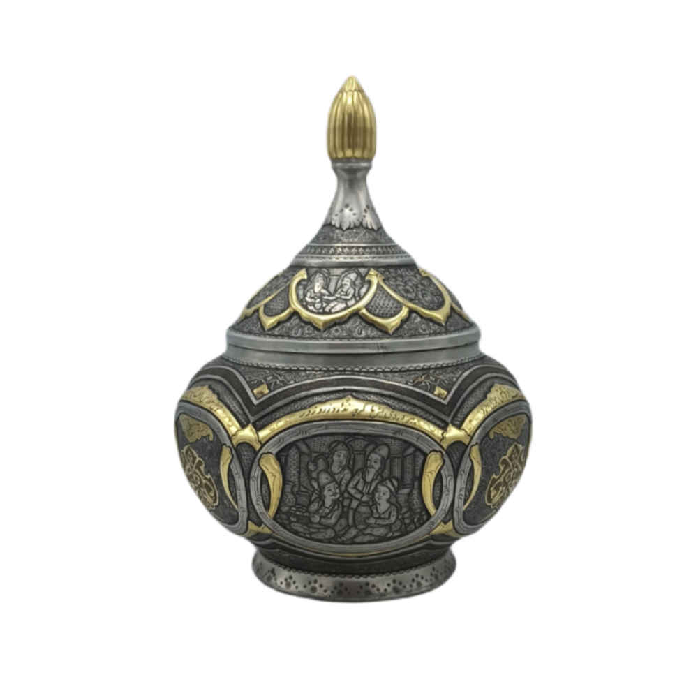 Handgefertigte persische Messing-Zuckerschale mit Deckel - Traditionell Graviert Norozi
