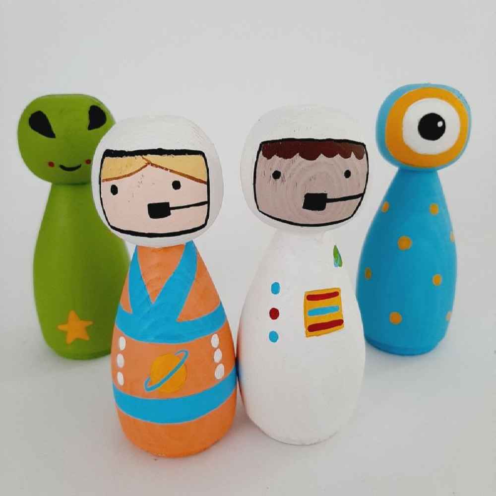 Handgefertigte Holz-Peg-Puppen – Astronauten | Weltraumthemen-Holzspielzeuge